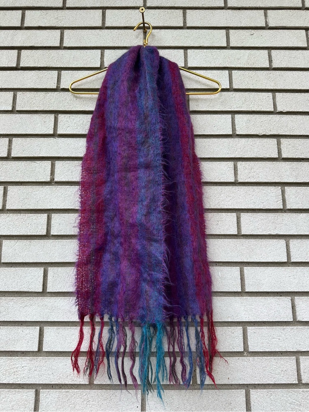 Royal Scot Mohair Wool Scarf Purple Teal Fringe UK Fuzzy Indie Sleaze Luxe - Picture 3 of 9